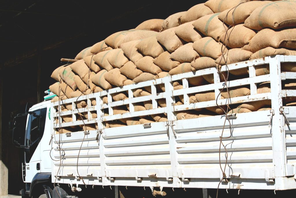 Bags of specialty coffee on a truck in Ethiopia