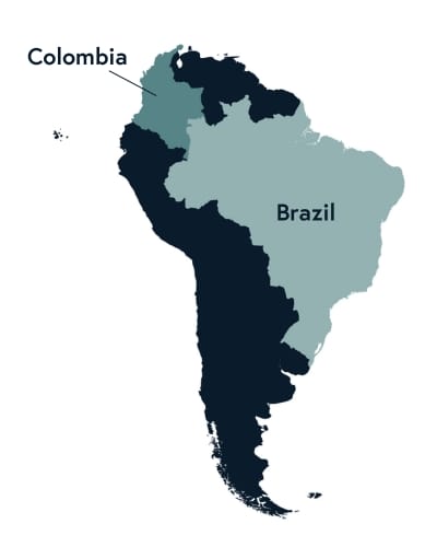 map of south america highlighting colombia and brazil