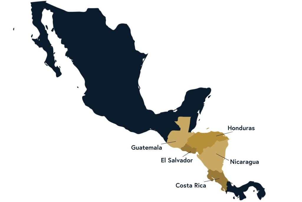 map of central america highlighting guatemala, el salvador, honduras, nicaragua, and costa rica