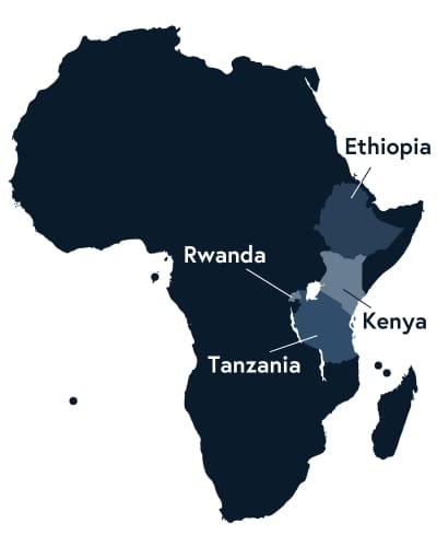 map of africa highlighting rwanda, ethiopia, tanzania, and kenya