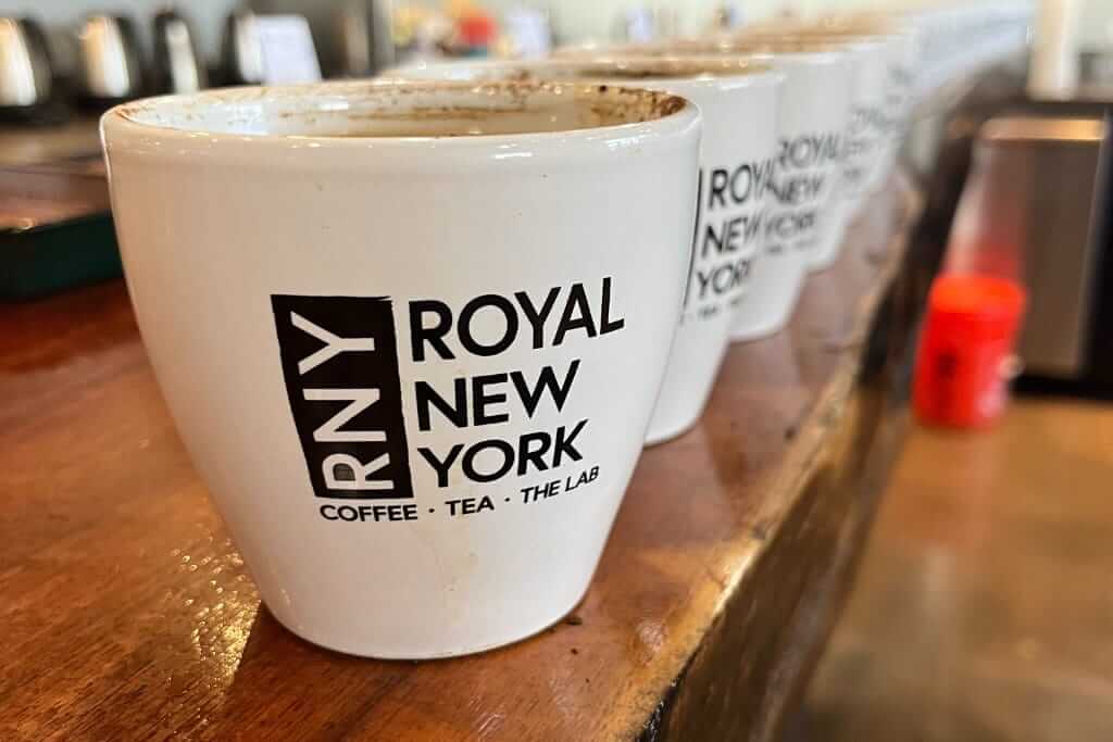 a line of cupping cups set up for a coffee tasting with the rny logo on them