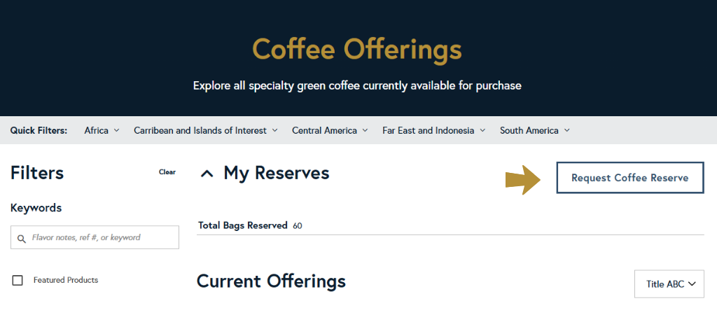 request coffee reserve button on coffee offerings page