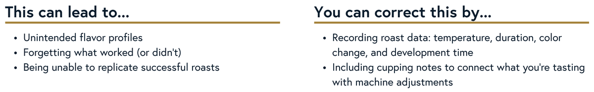 Neglecting Roast Data
Coffee roasting without tracking data whether its handwritten notes or utilizing software may lead to a different roast or flavor profile.
• You forget what worked (or didn’t).
• You can’t replicate successful roasts.